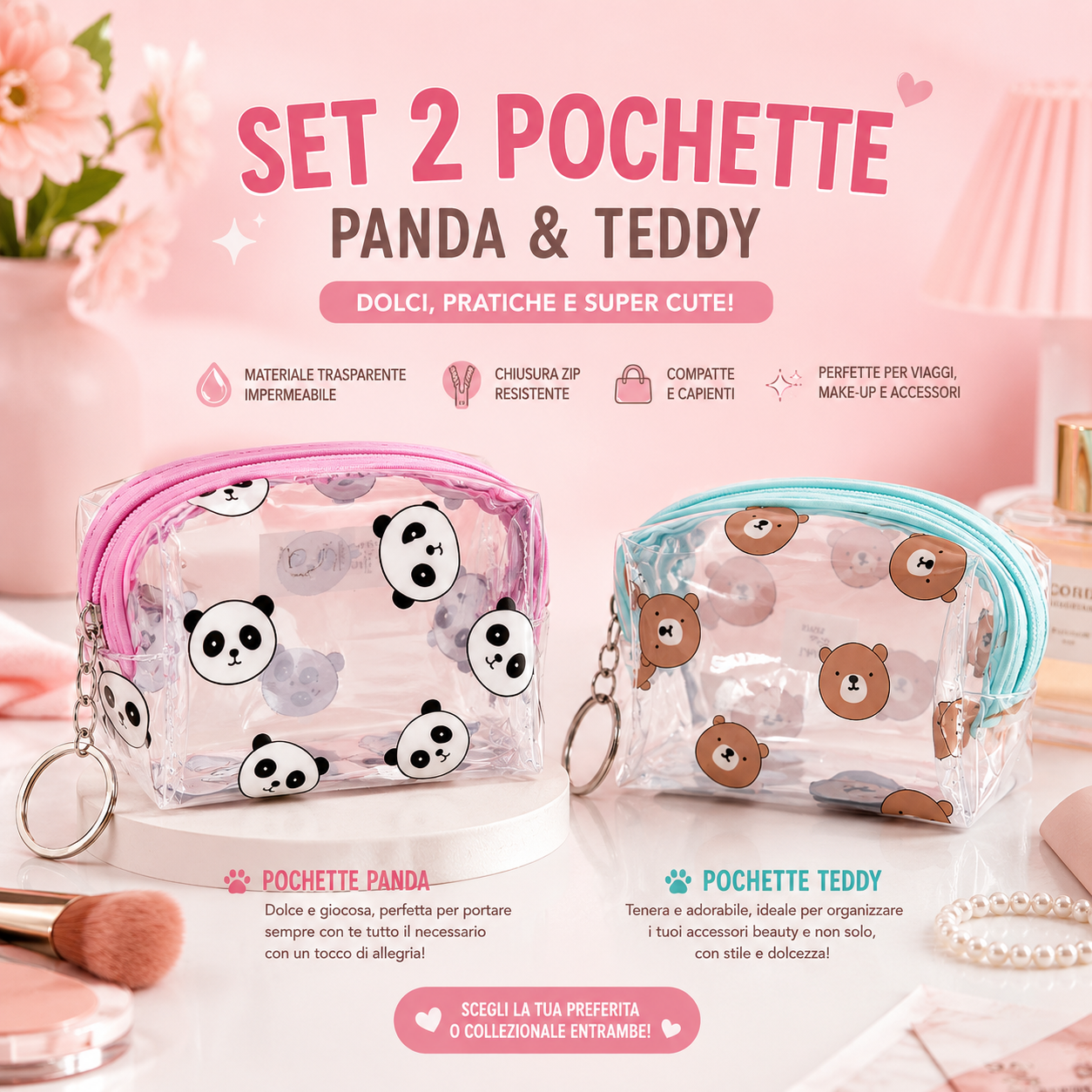 Pochette Trasparente Cute Collection – Panda & Teddy