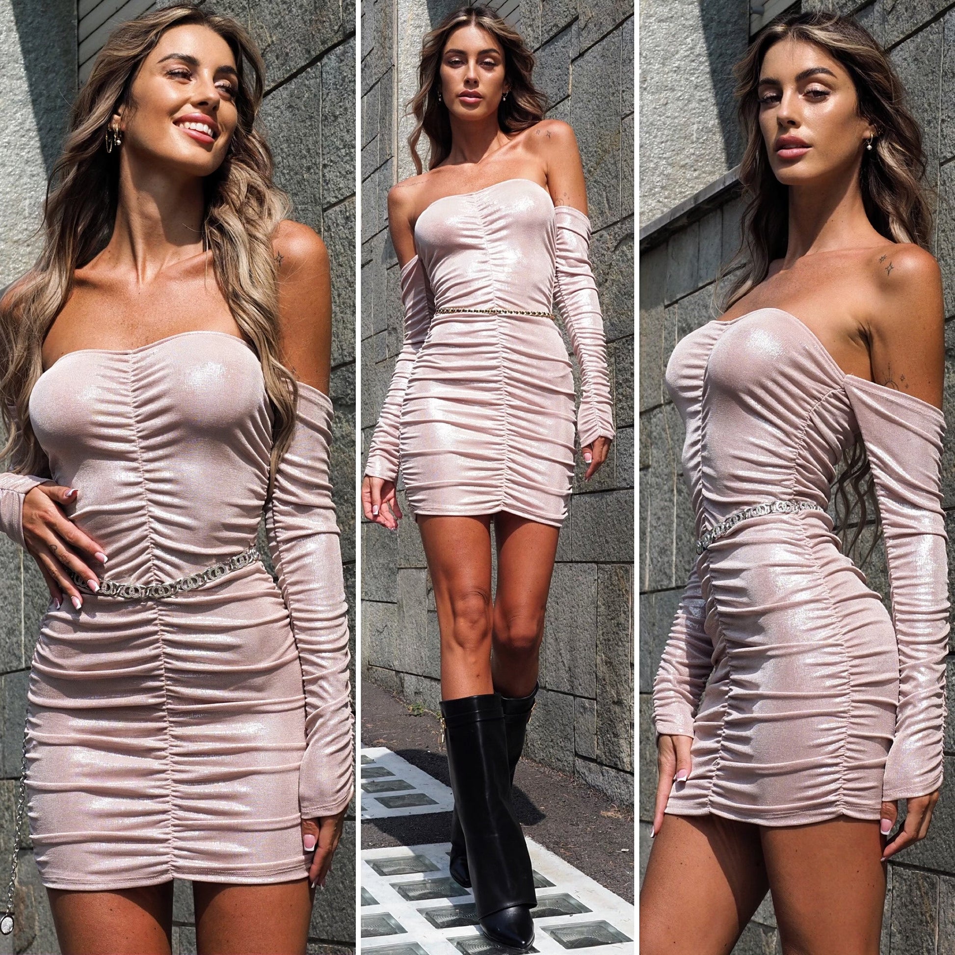 Abito a fascia rosa con arricciatura