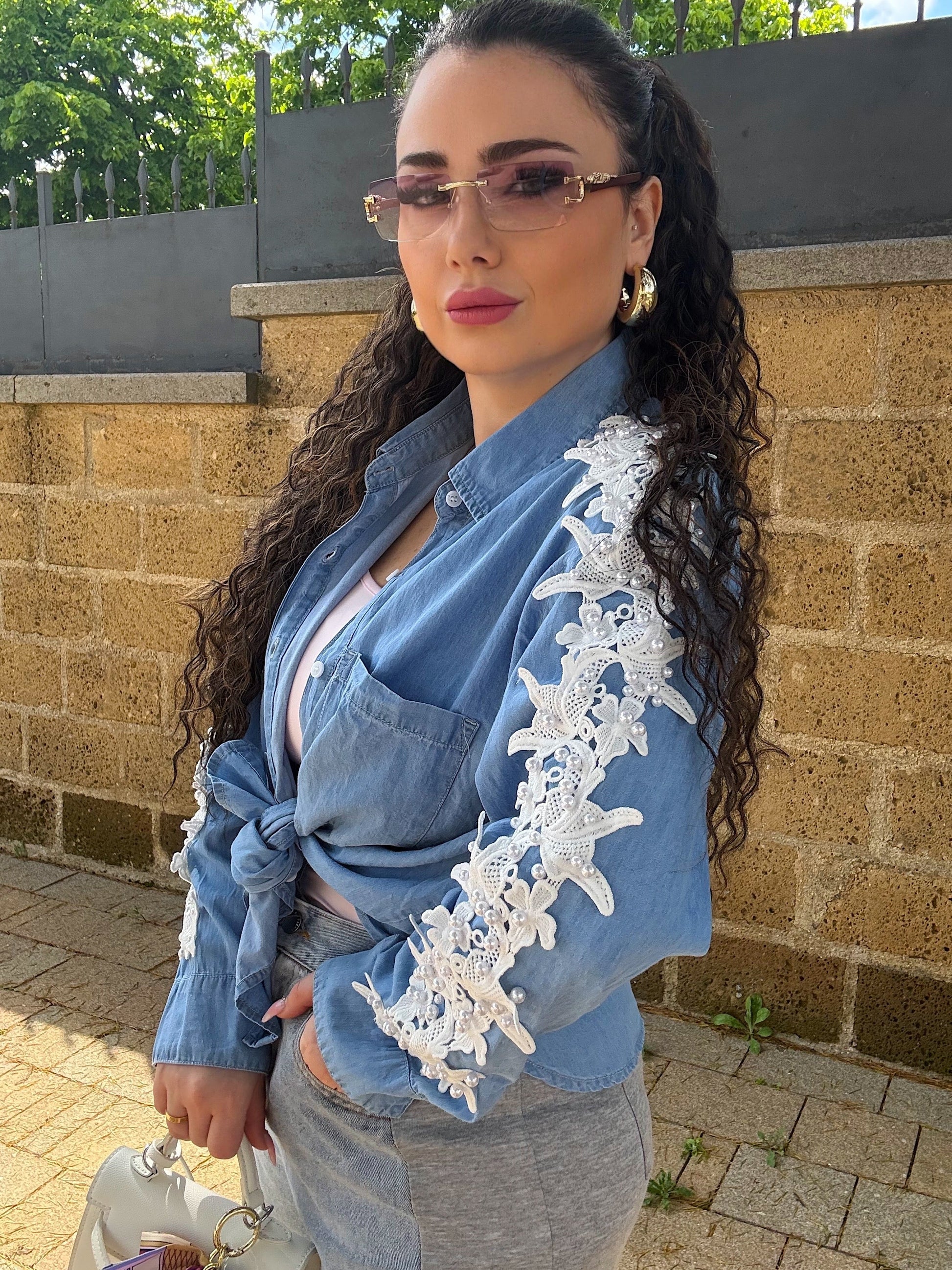 Camicia in denim con perle
