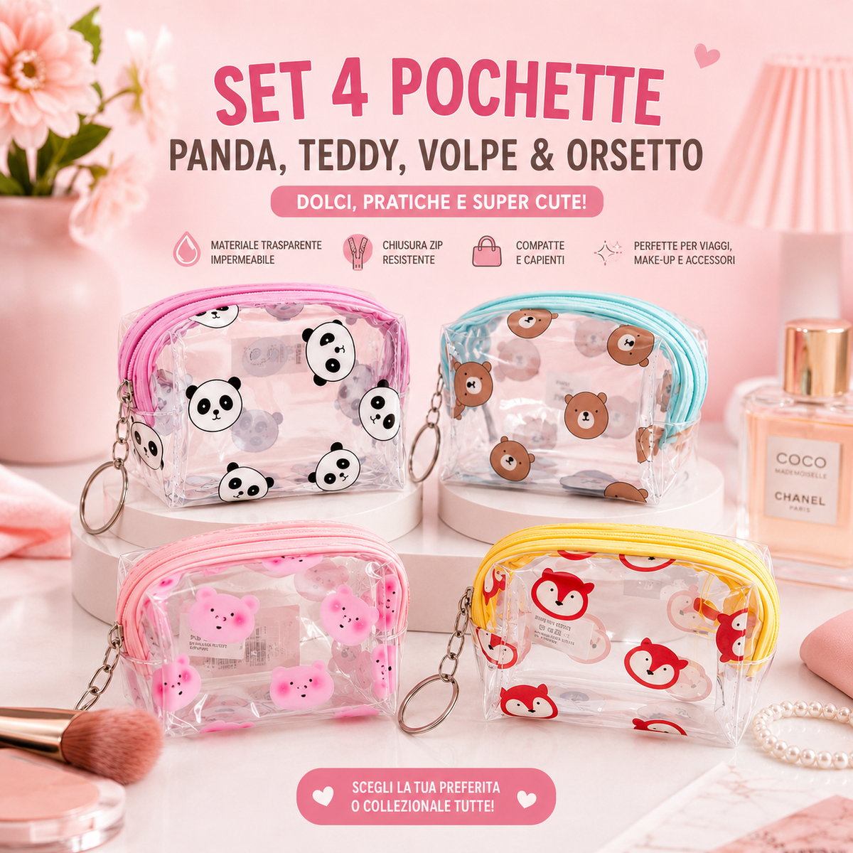 Pochette Trasparente Cute Collection – Panda & Teddy