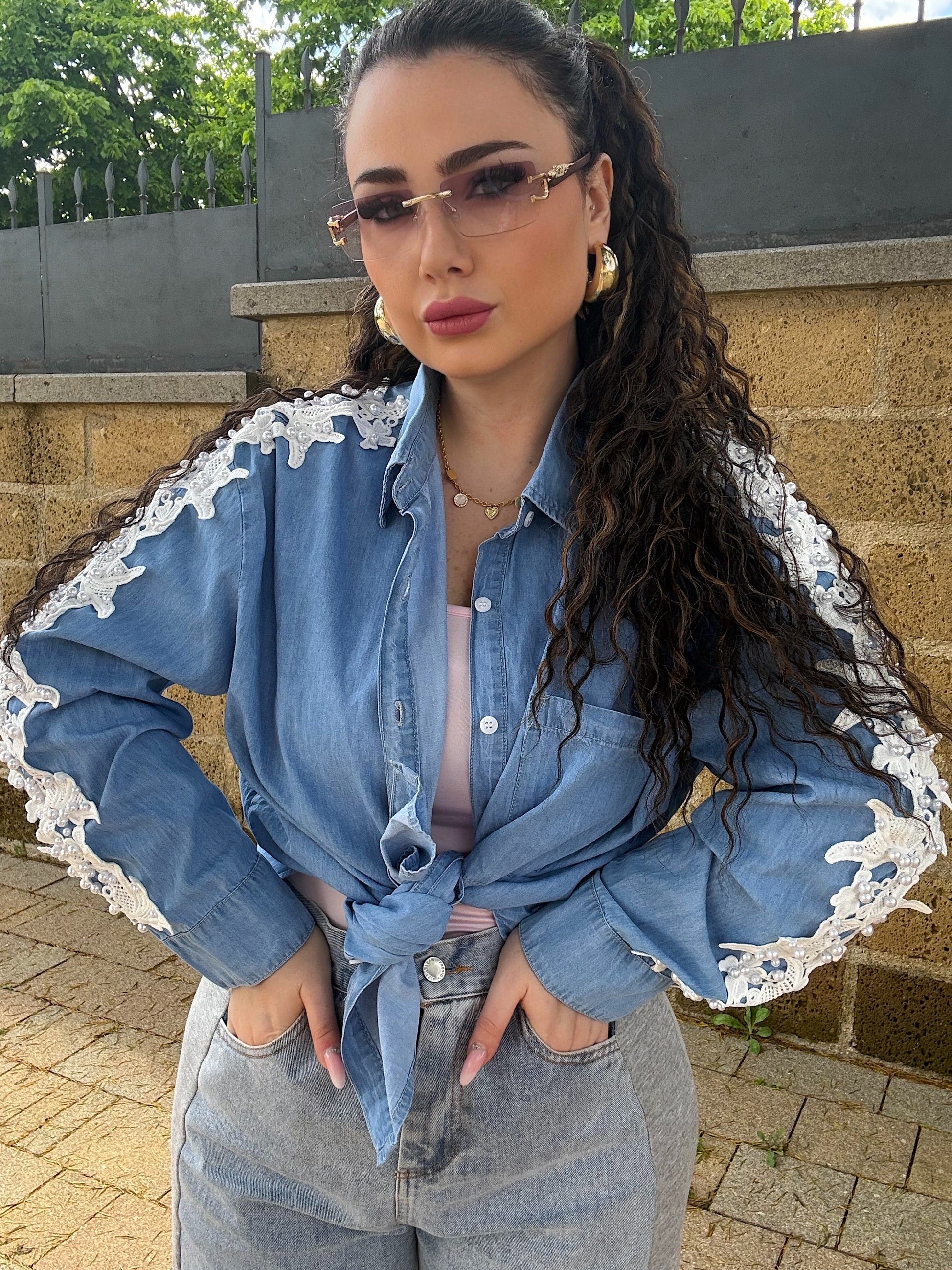 Camicia in denim con perle