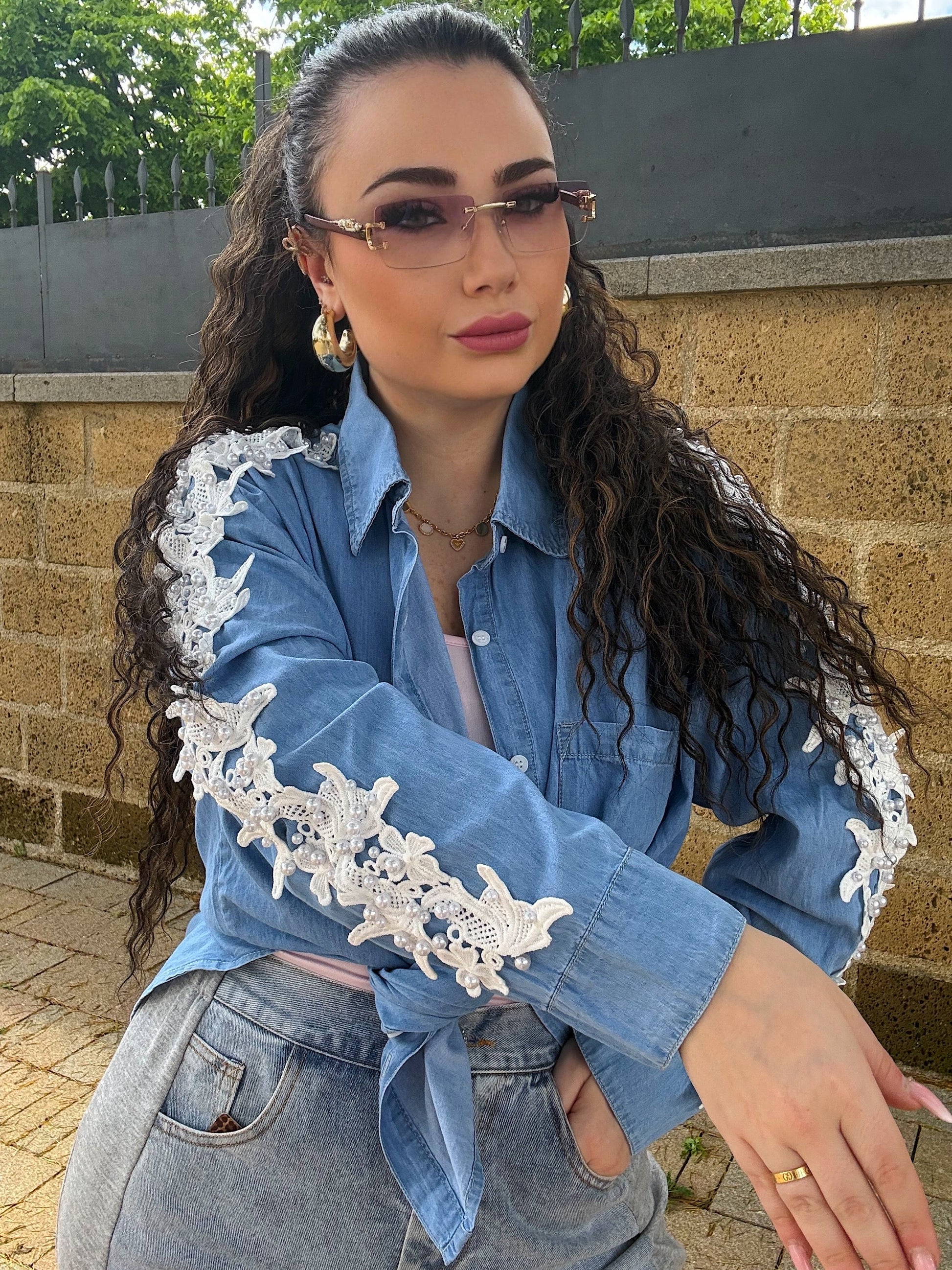 Camicia in denim con perle