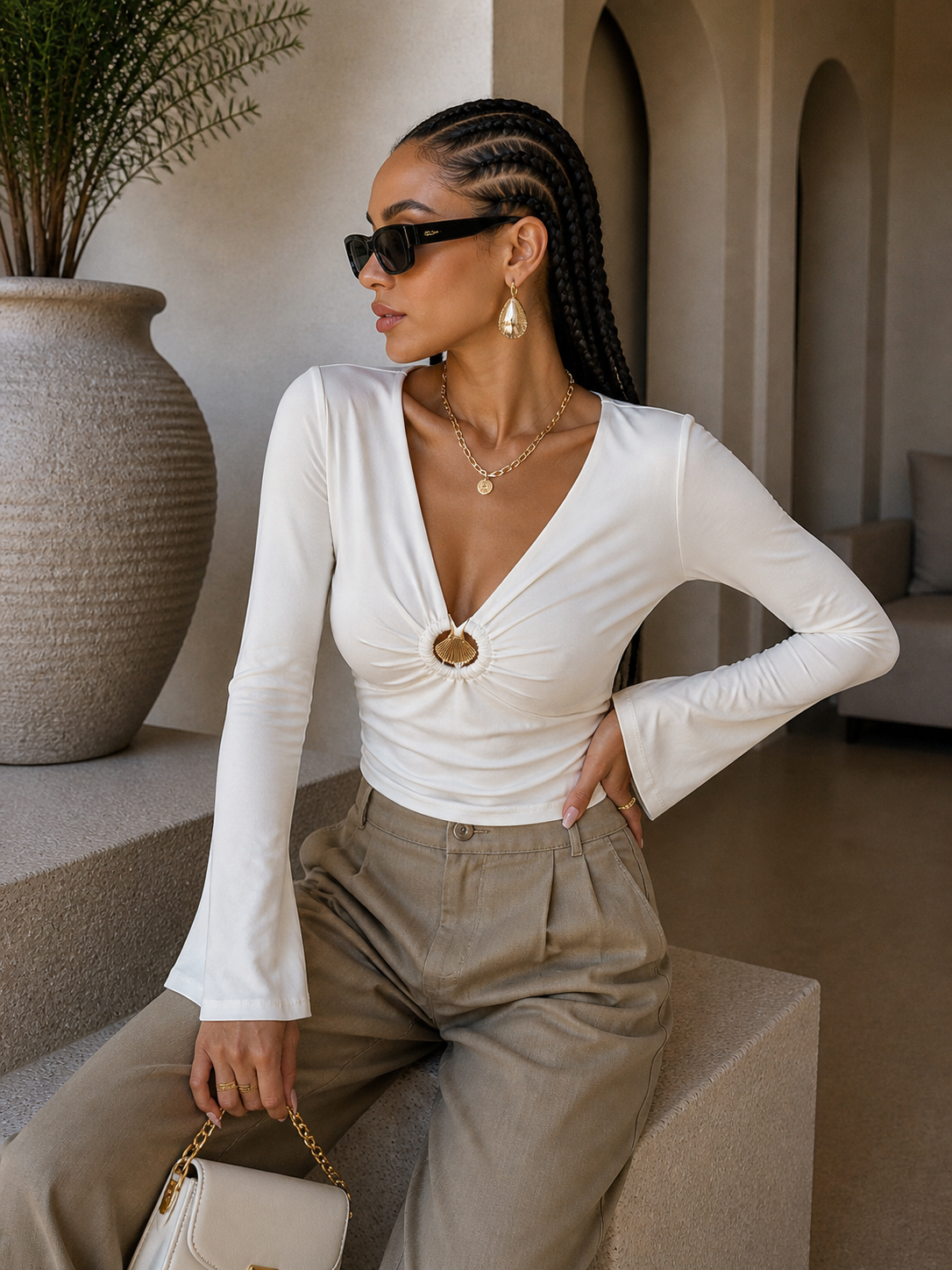 Blusa Elegante con gioiello e Maniche Svasate