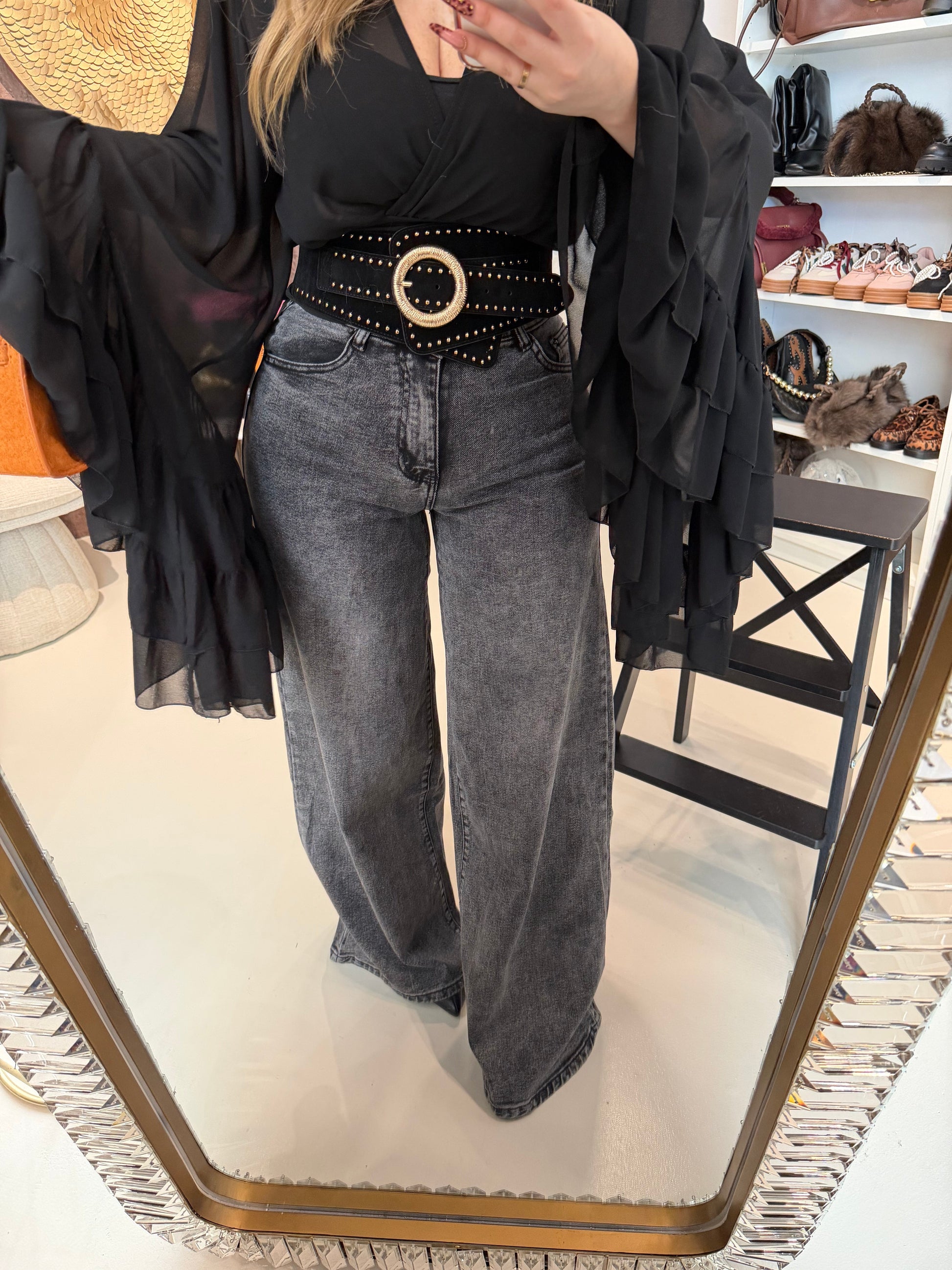 Jeans Grigio a Zampa Larghissima Effetto Vintage
