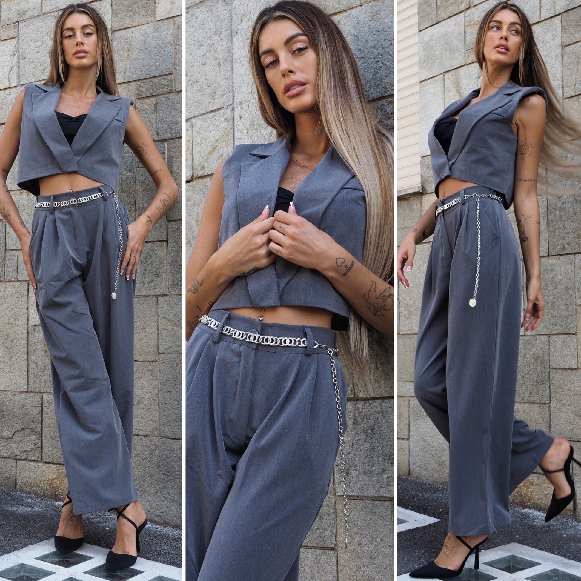 Completo smanicato e pantalone grigio