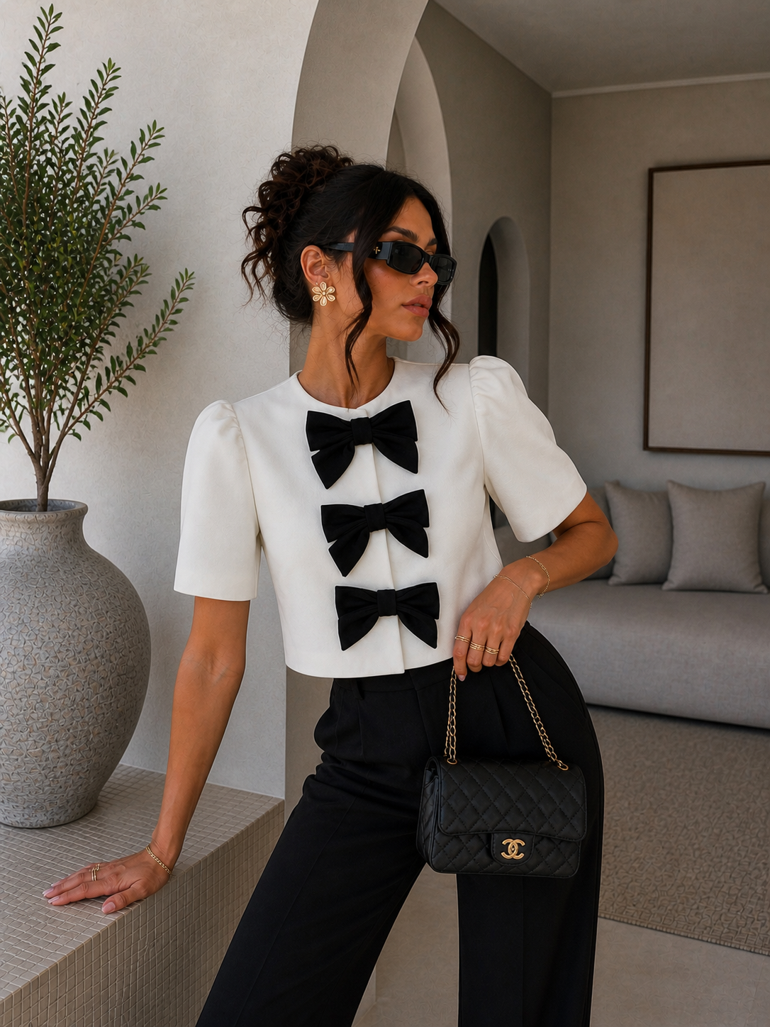 Giacca crop con fiocchi bianco nero