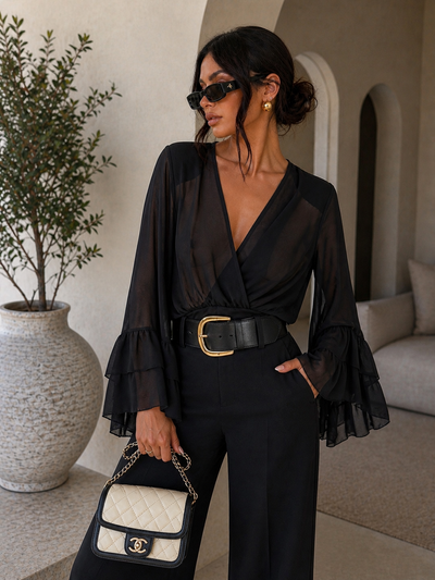 Blusa Nera Elegante con Maniche a Rouches