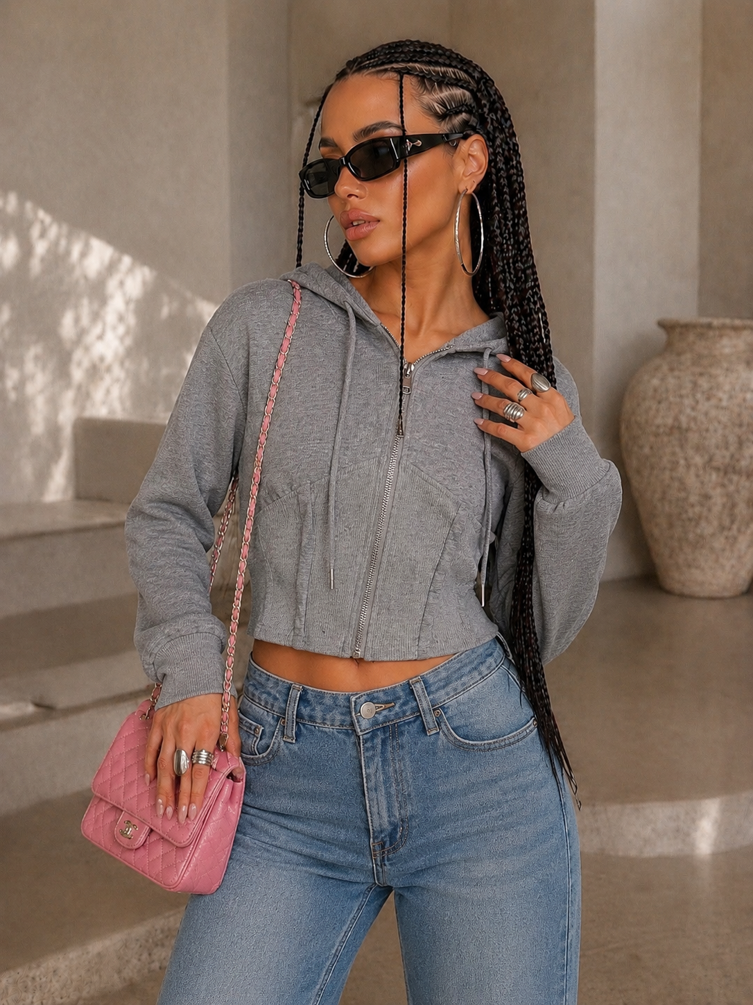 Felpa Cropped con zip e cappuccio