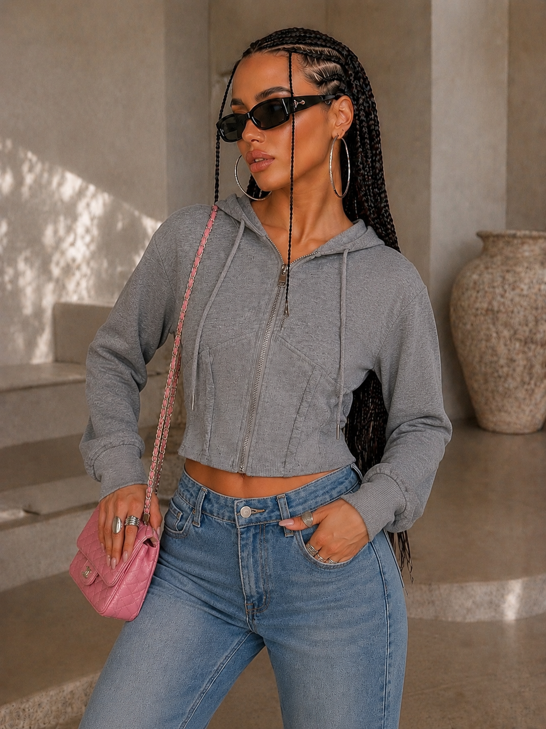 Felpa Cropped con zip e cappuccio