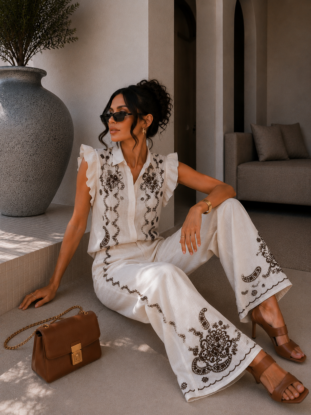Completo Camicia pantaloni con ricami bianca
