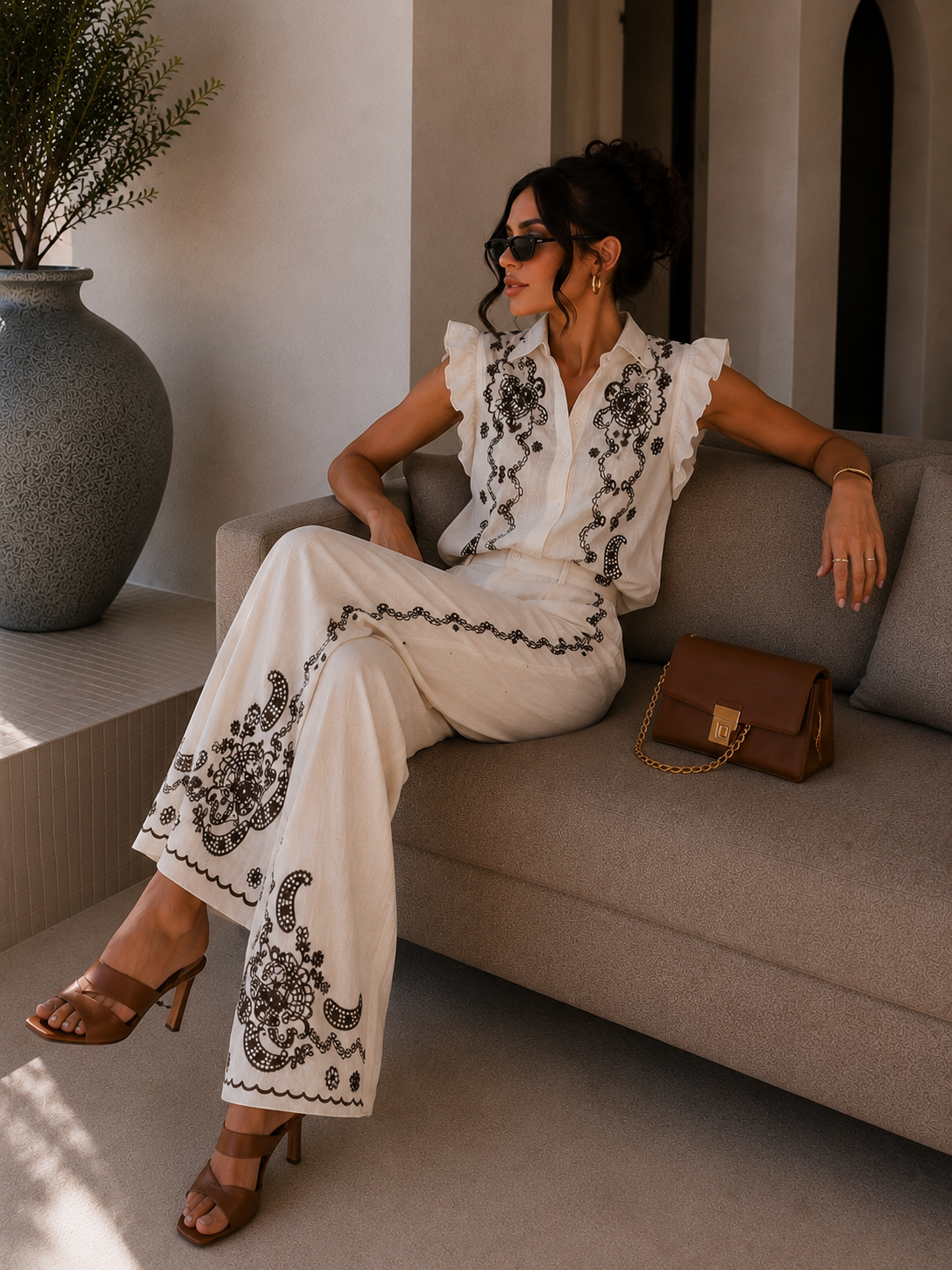 Completo Camicia pantaloni con ricami bianca