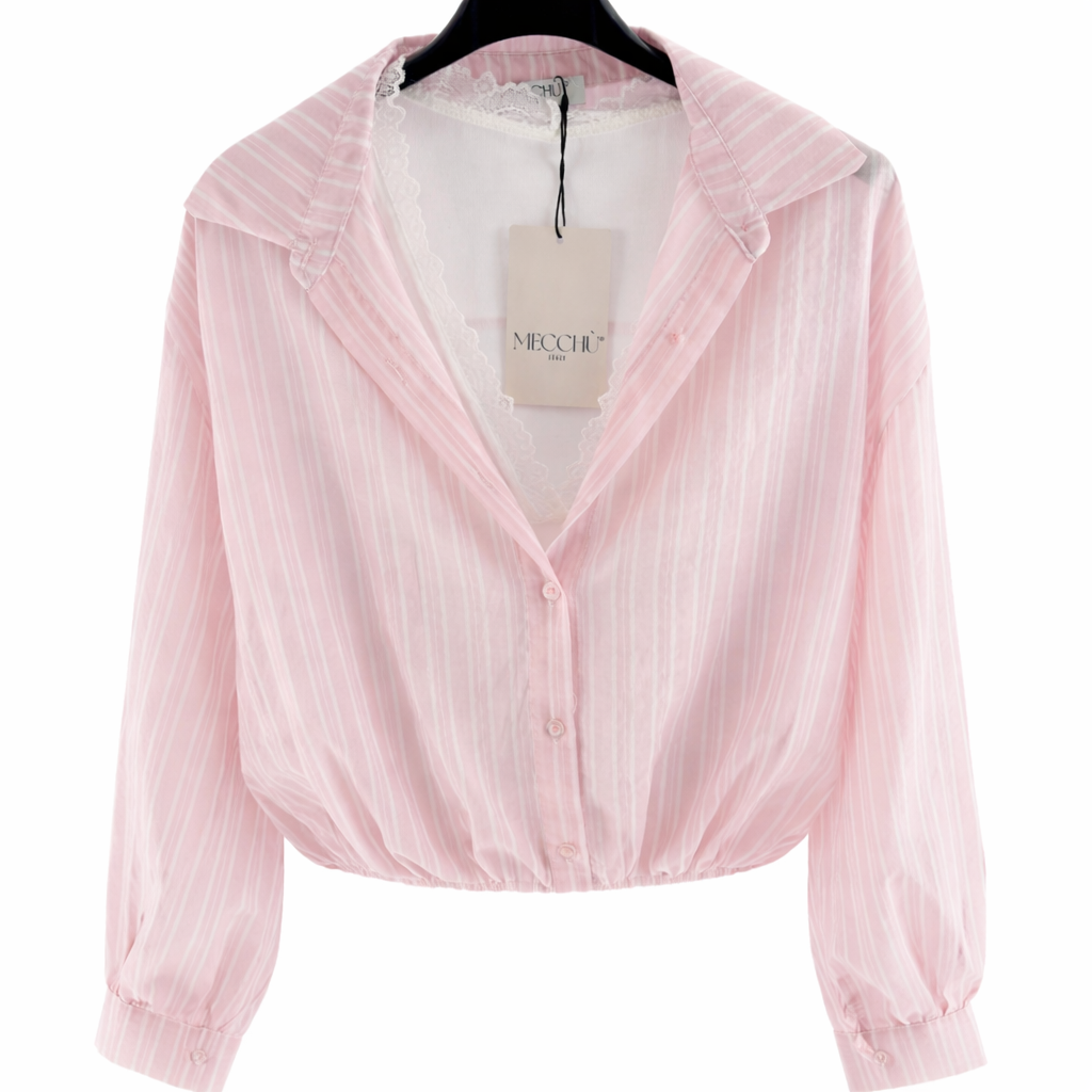 Camicia Rosa a Righe con Scollo in Pizzo e Fondo Arricciato