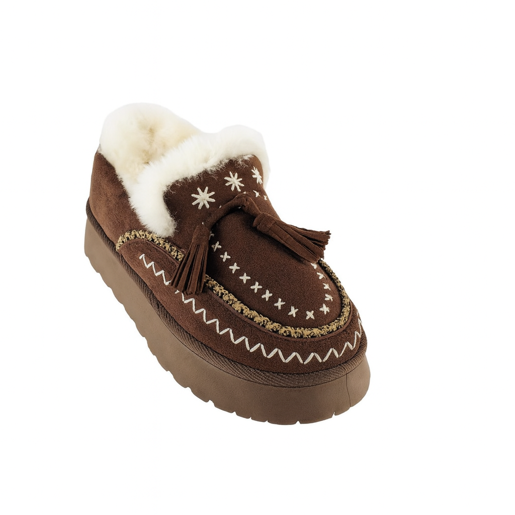 Mocassino Invernale con Zeppa ricamato choco