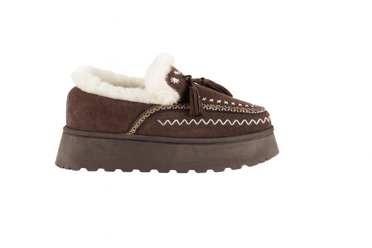Mocassino Invernale con Zeppa ricamato choco
