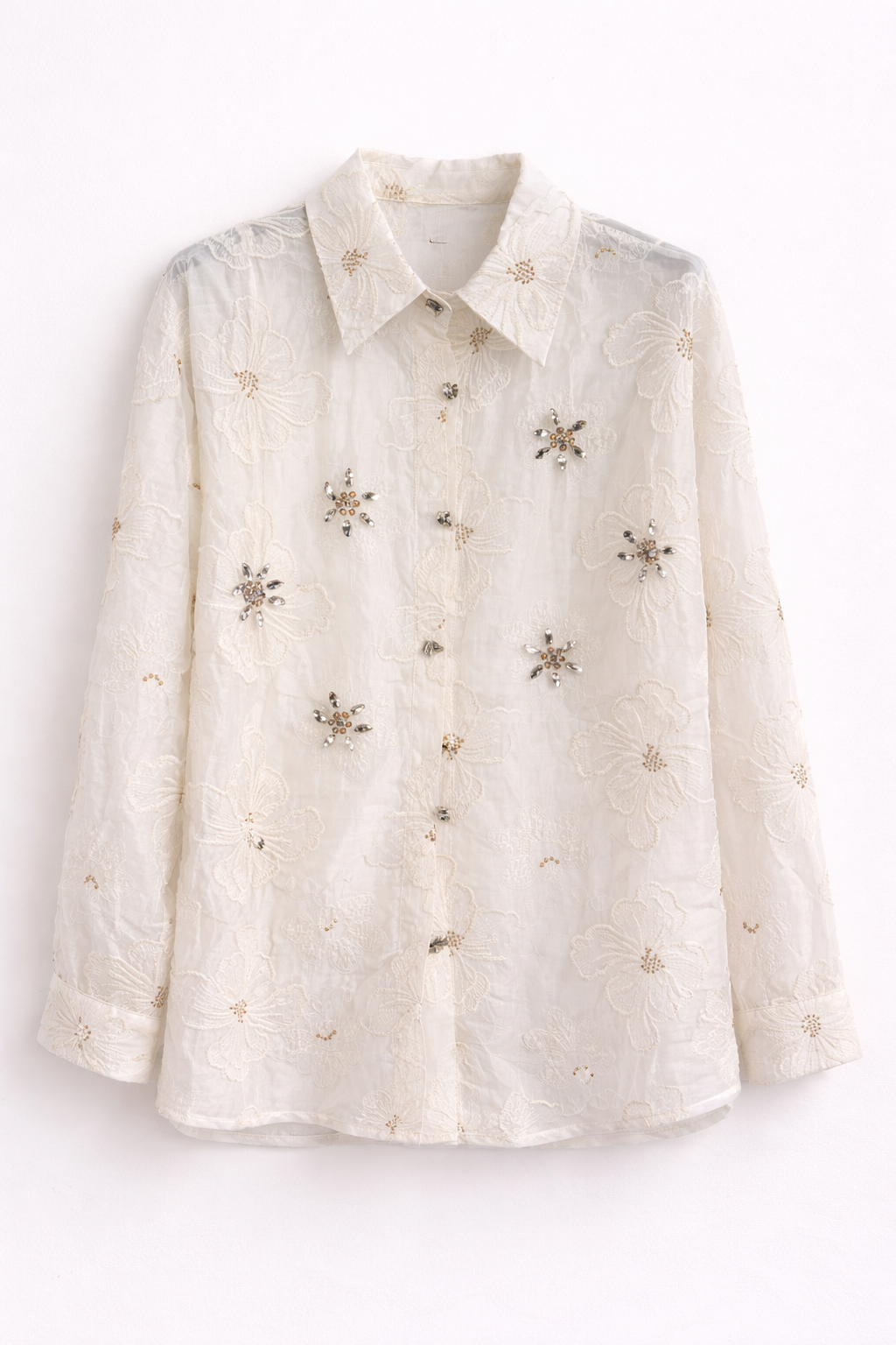 Camicia Ricamata Floreale con Dettagli Gioiello