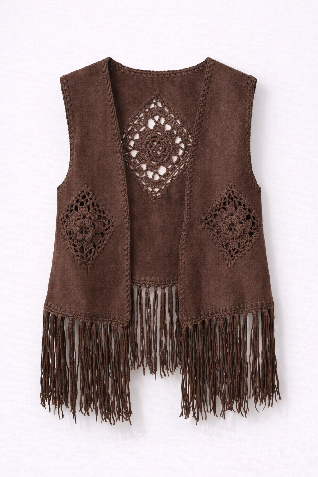 Gilet Boho in Suede con Frange e Crochet
