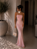 Abito a fascia bustier con gonna in velo cipria