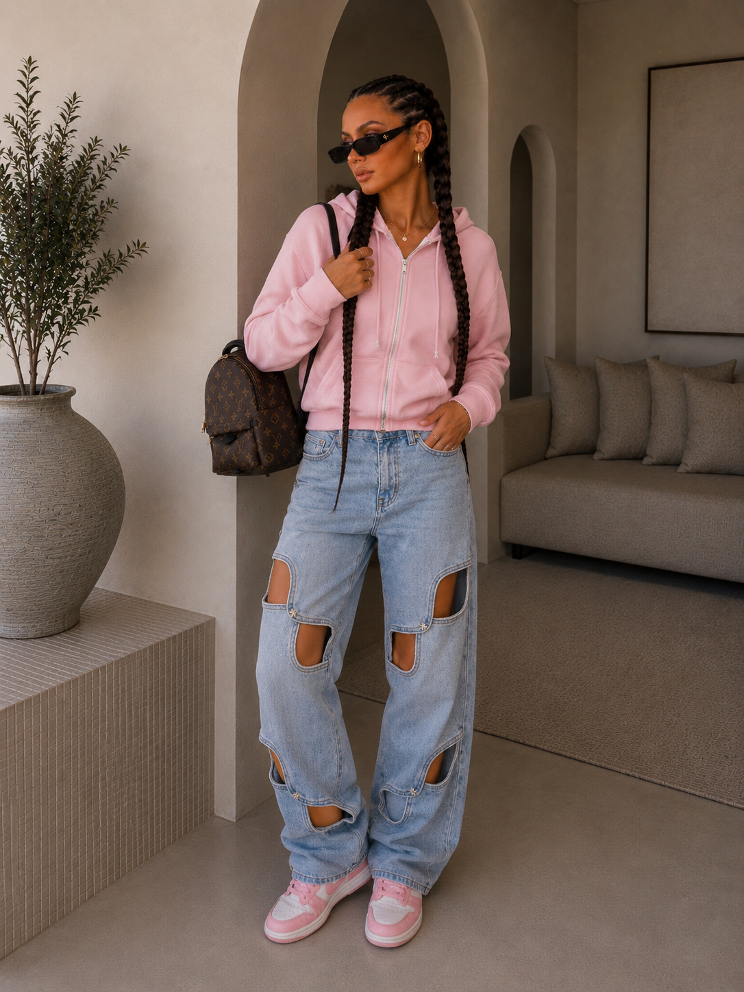 Jeans con aperture e fiocco in strass