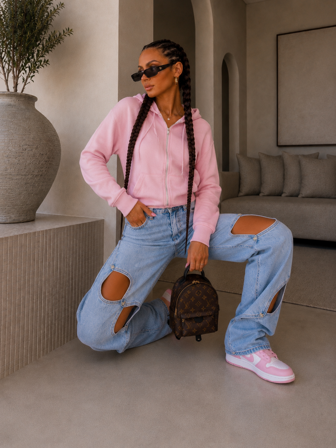 Jeans con aperture e fiocco in strass