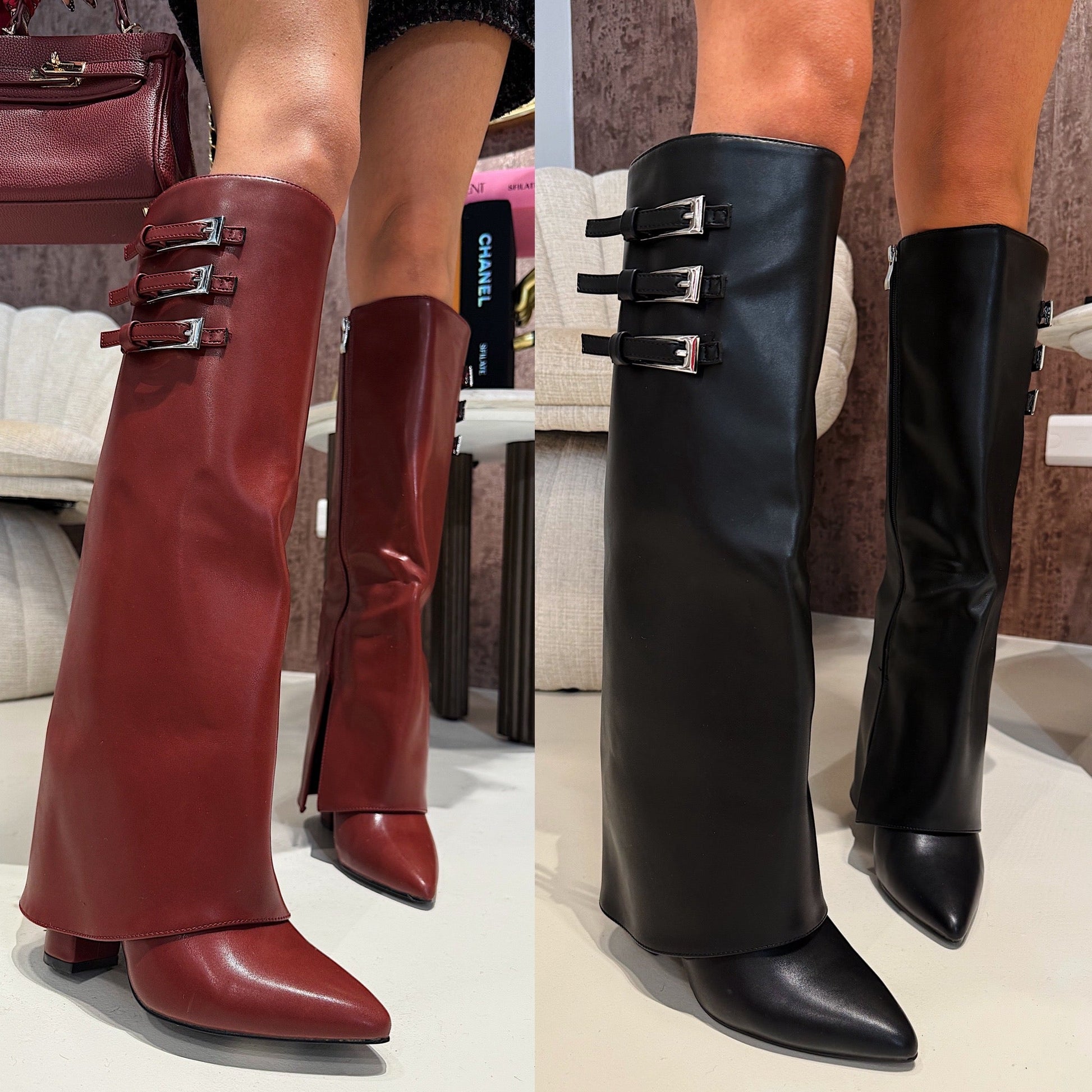 Stivali con fibbie laterali nero e bordeaux  Londra