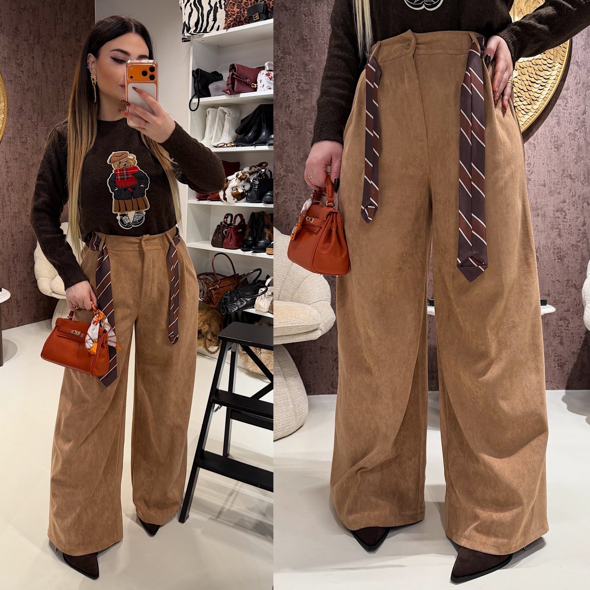 Pantalone in camoscio con cintura in vita