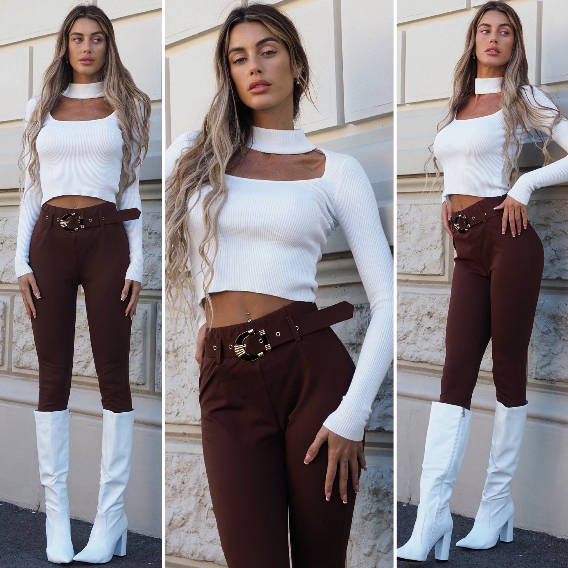 Pantalone choco con cintura oro