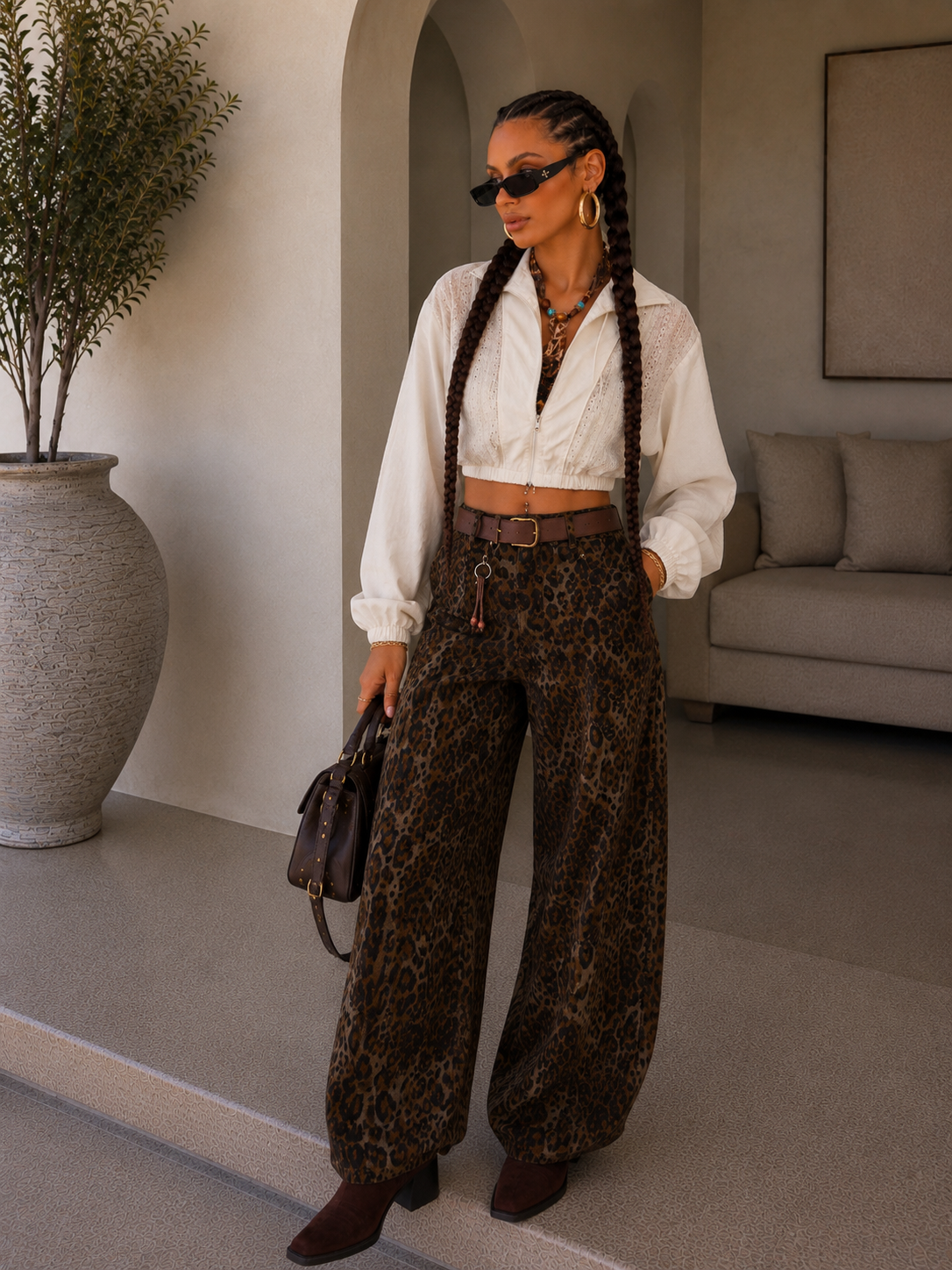Jeans Ballon animalier con cintura e borchie