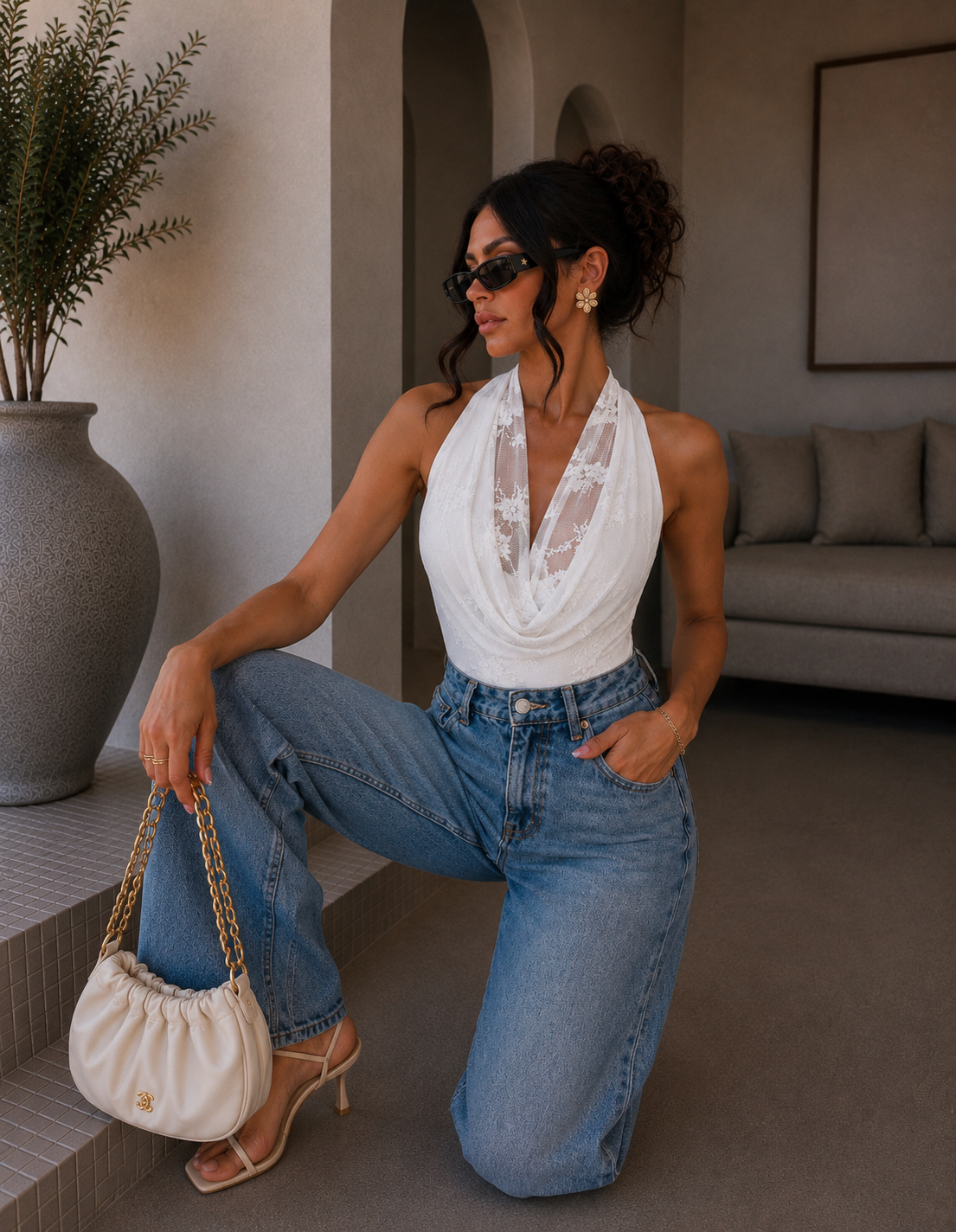 Body drappeggiato con scollo ad anello