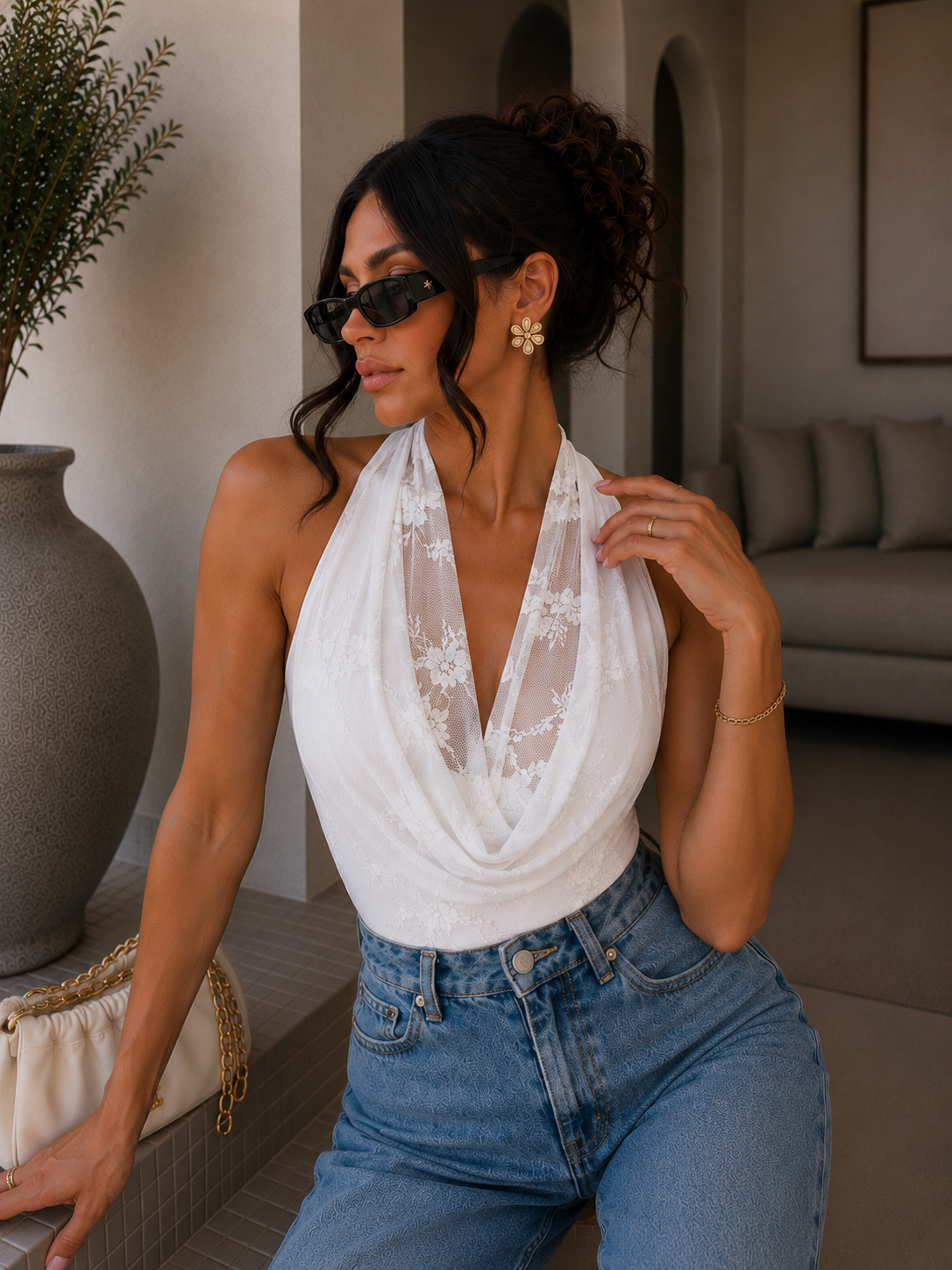 Body drappeggiato con scollo ad anello