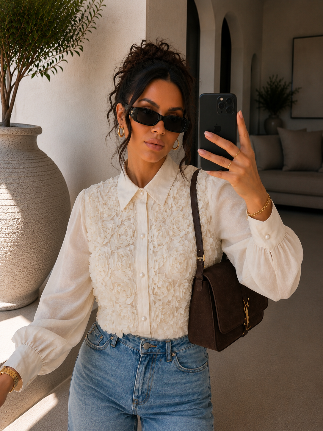 Camicia Roselline 3D Avorio