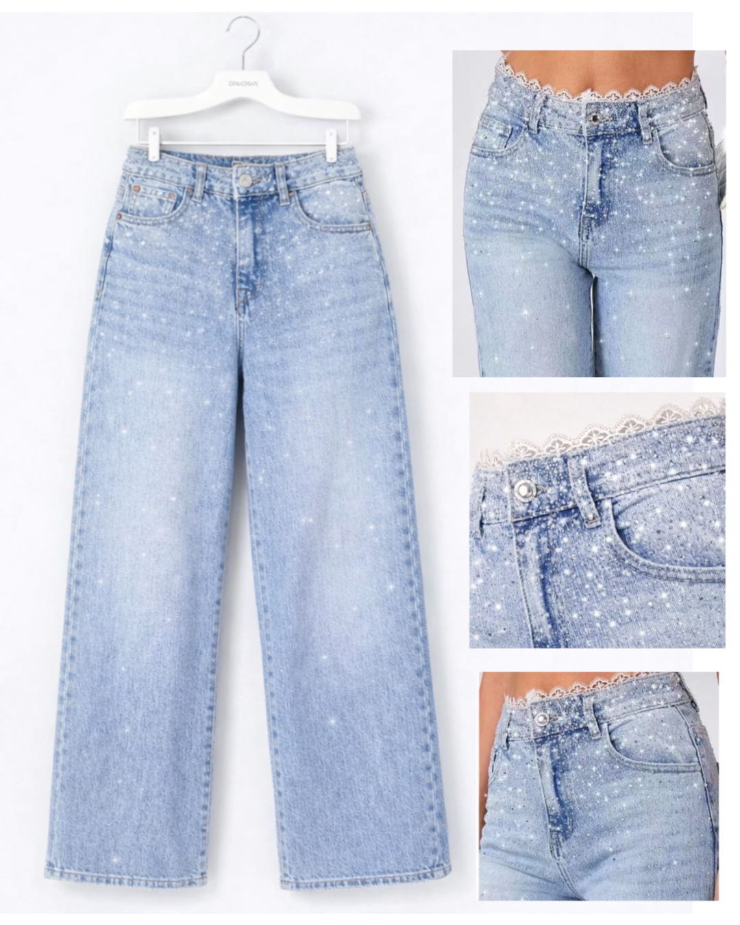 Jeans con brillantini e pizzo
