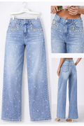 Jeans Wide Leg Flower Strass