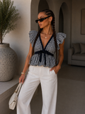 Top vichy con volant e fiocco bianco e blu