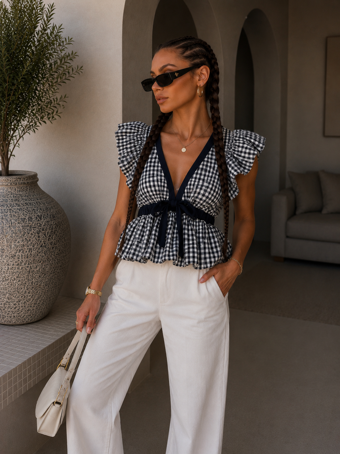 Top vichy con volant e fiocco bianco e blu