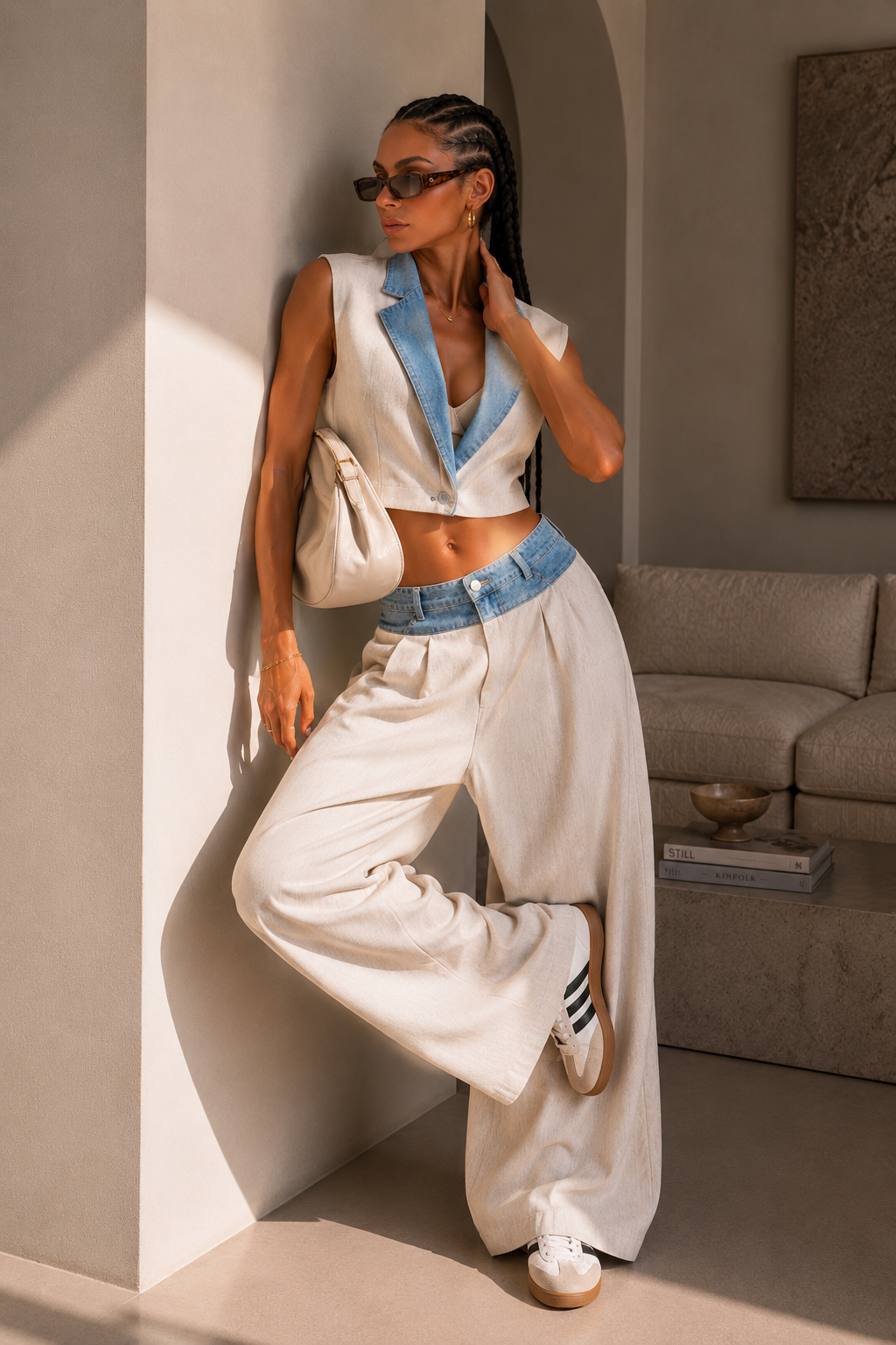 Completo bicolor con gilet e pantalone palazzo