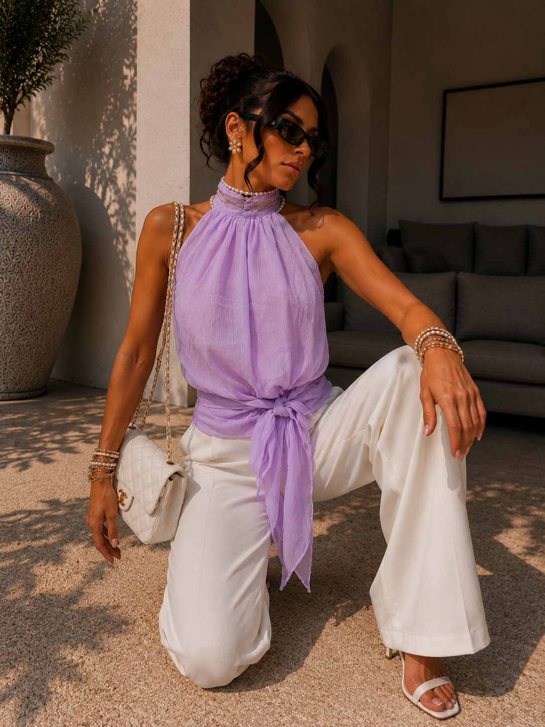 Top halter donna effetto chiffon