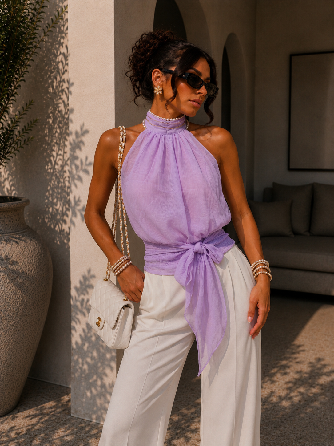 Top halter donna effetto chiffon