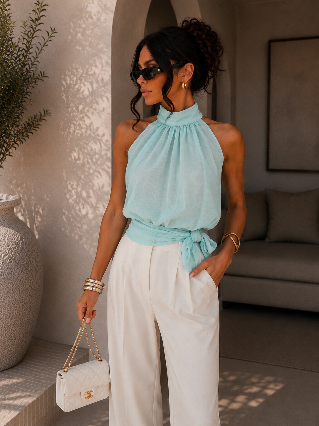 Top halter donna effetto chiffon