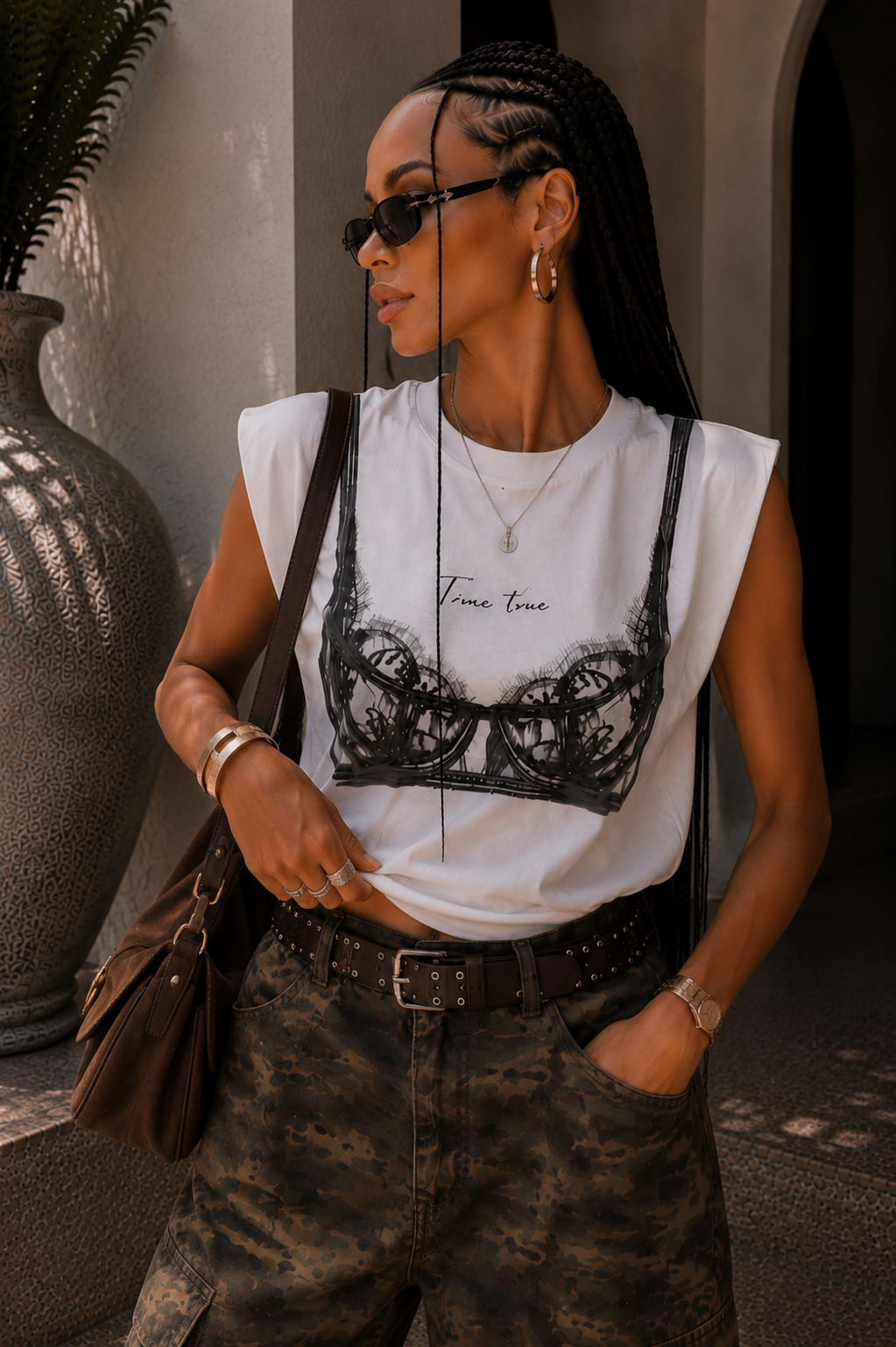 T-shirt con spalline imbottite e stampa pizzo