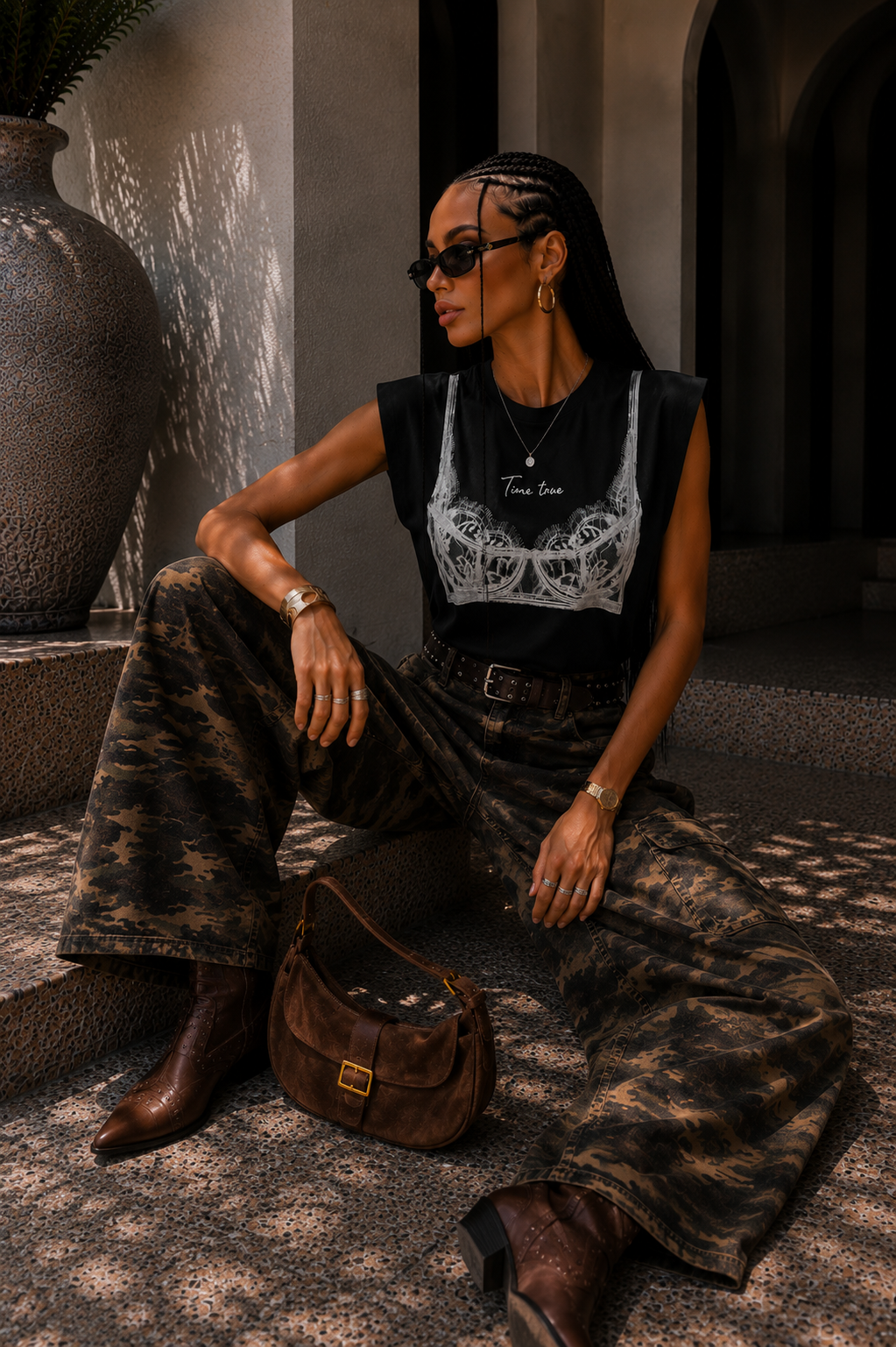 T-shirt con spalline imbottite e stampa pizzo