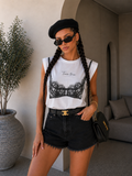 T-shirt con spalline imbottite e stampa pizzo