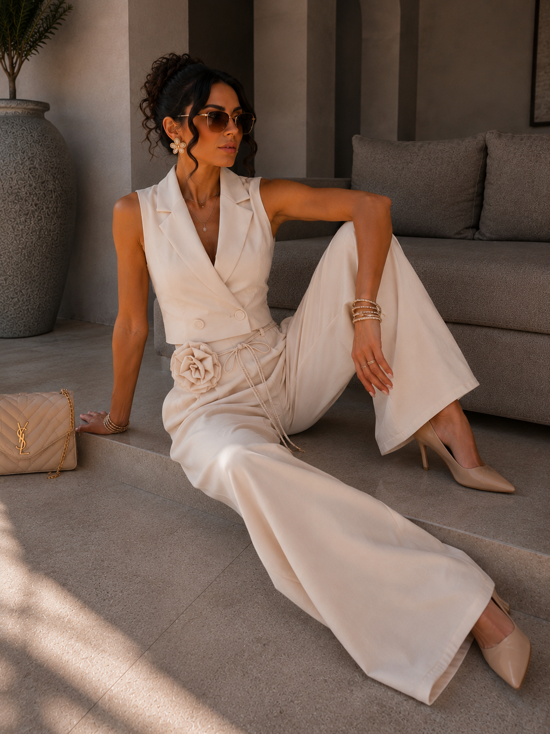 Set pantalone e smanicato cipria