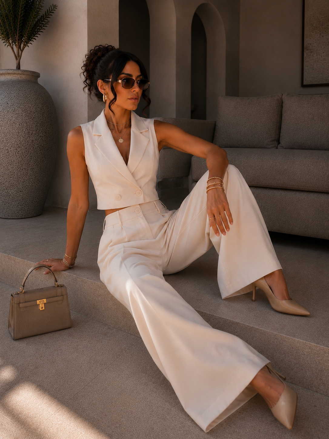 Set pantalone e smanicato cipria