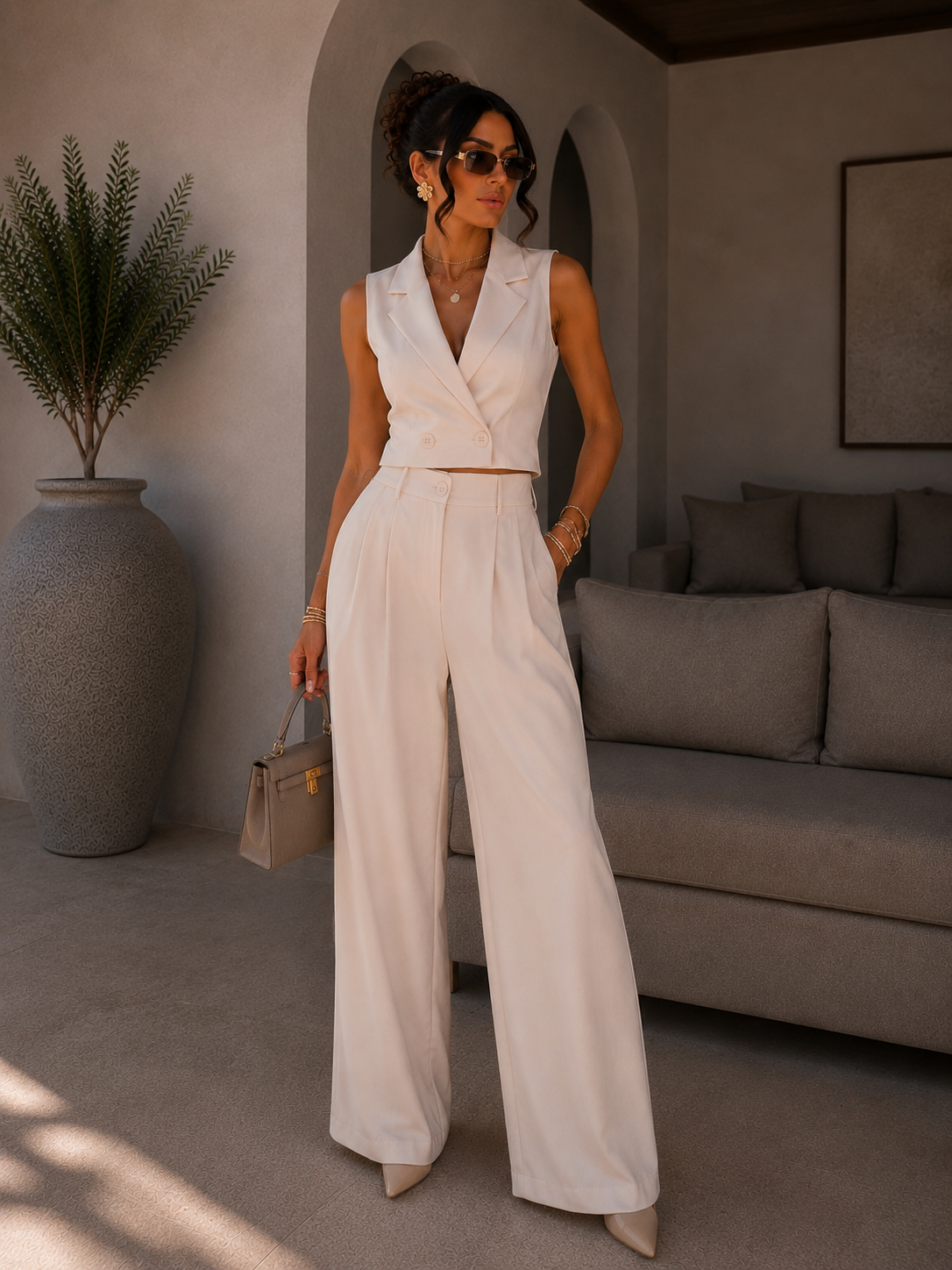 Set pantalone e smanicato cipria