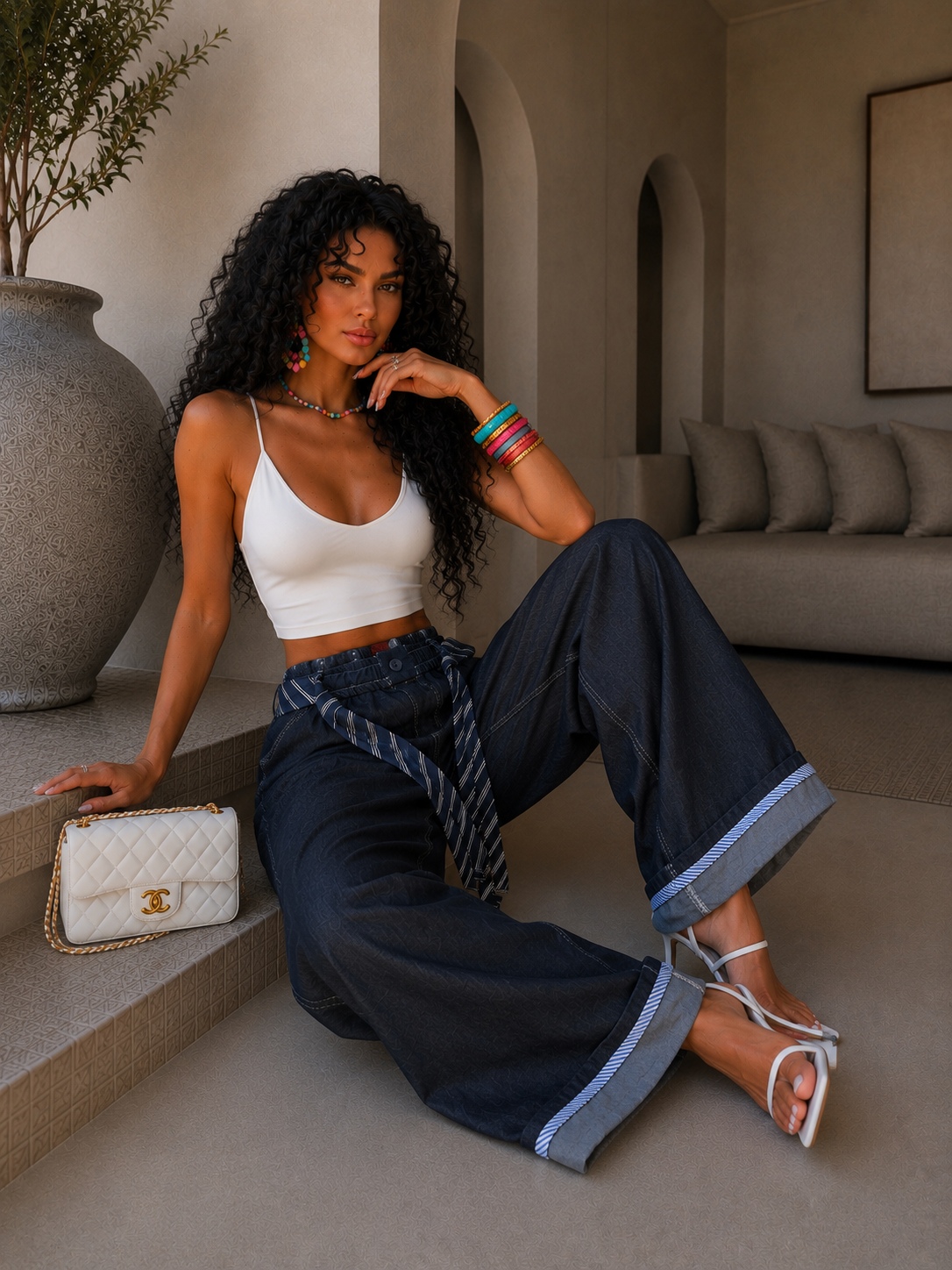 Pantalone con cravatta e risvolto