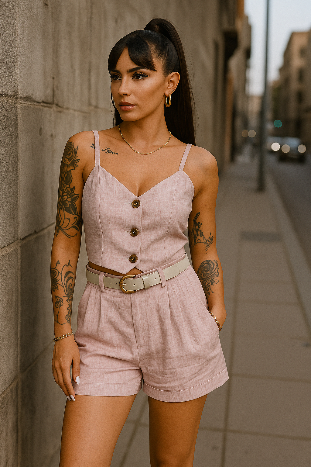 Completo top e short con cintura cipria
