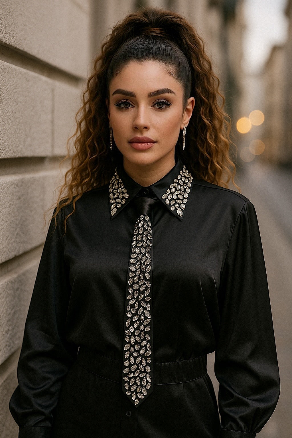 Camicia nera con cravatta e strass