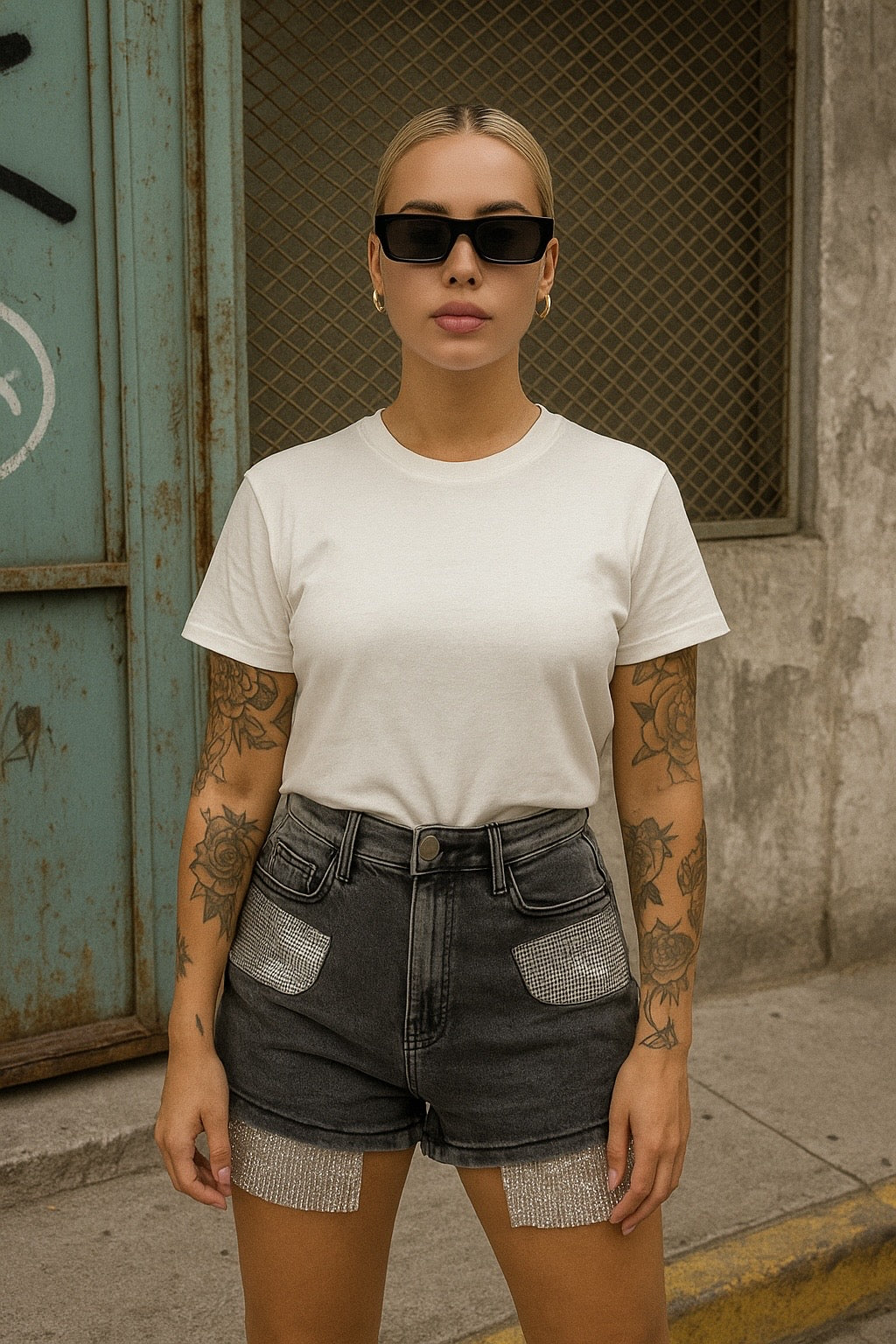 Short in denim con strass