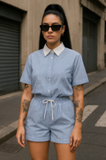 Completo camicia e short con strass celeste