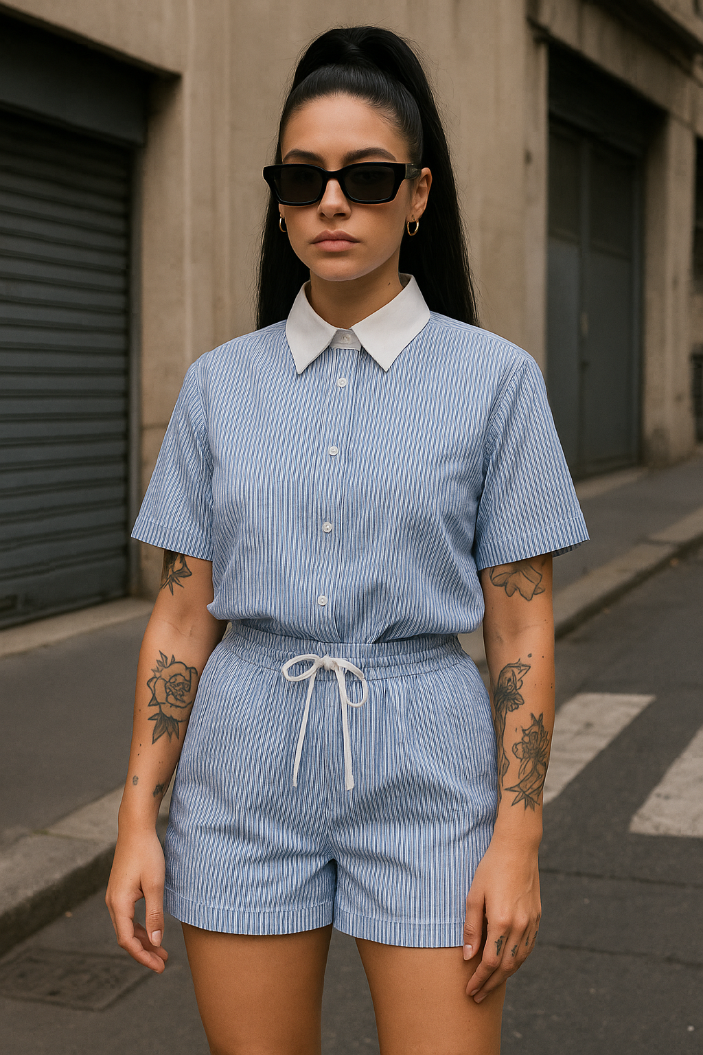 Completo camicia e short con strass celeste
